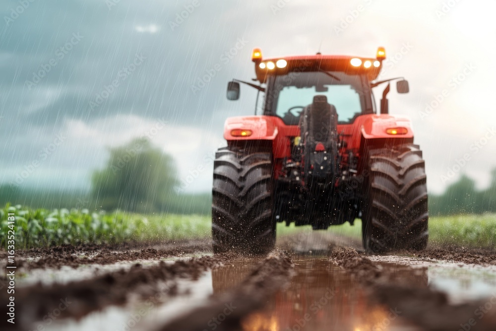 Obraz premium a red tractor on plantation field the weather is rainy