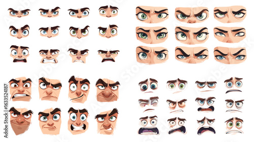 Cartoon male face expression set showing anger, rage, and frustration with bold eyebrows and exaggerated eyes. Great for animation, comics, or character design projects.