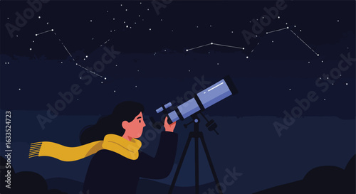 Woman with telescope views stars at night