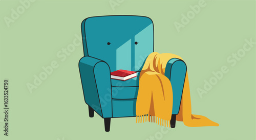 Blue armchair with book and yellow throw blanket on pale green background