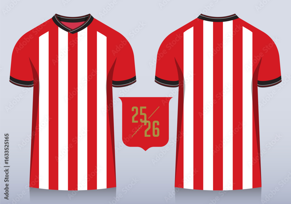 Fototapeta premium Front and back view of Red and white stripes pattern with round collar for football club. Sportswear, sport uniform, soccer jersey or football kit mockup template design in minimal style.