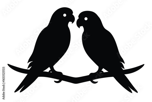 Silhouette of Two Lovebirds Perched on a Branch, Facing Each Other Affectionately