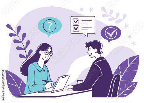 Job interview vector illustration depicting a business meeting and recruitment process discussion evaluation question mark checklist and decision making