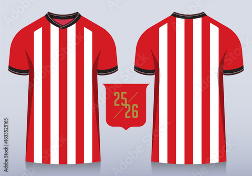Front and back view of Red and white stripes pattern with round collar for football club. Sportswear, sport uniform, soccer jersey or football kit mockup template design in minimal style. 