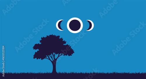 Minimalist night scene with a tree silhouette and moon phases above
