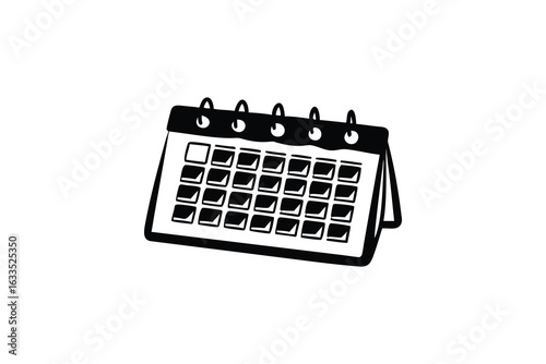 A simple black and white hand drawn illustration of a desk calendar with a spiral binding showcasing a grid of days representing time and planning silhouette