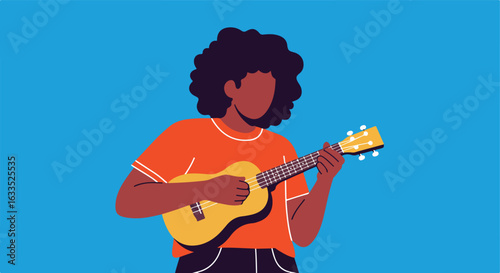 Person with afro plays ukulele on solid blue background, orange shirt, and dark pants