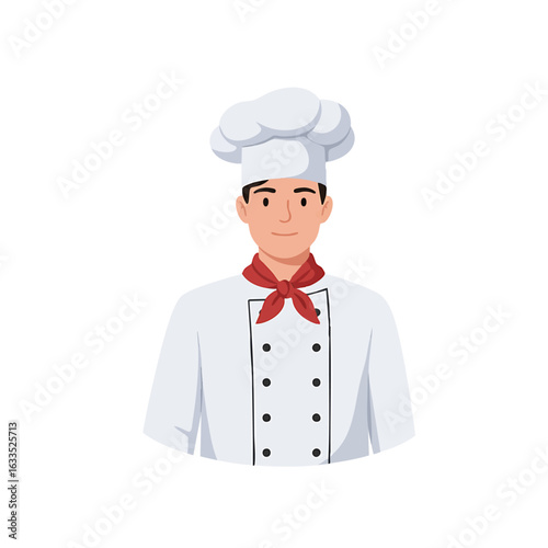 Professional chef character vector illustration. Male cook in uniform with toque and cravat, isolated portrait for culinary branding.