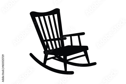 Silhouette of Wooden Rocking Chair with Spindle Back and Curved Rockers on White Background