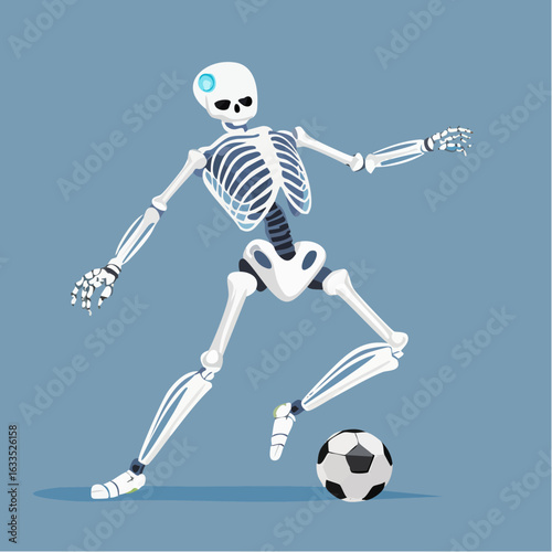 Bold line art skeleton kicking a ball with emphasis on motion blur and sport focus, suitable for posters, banners, and digital media in athletics and physiology contexts
