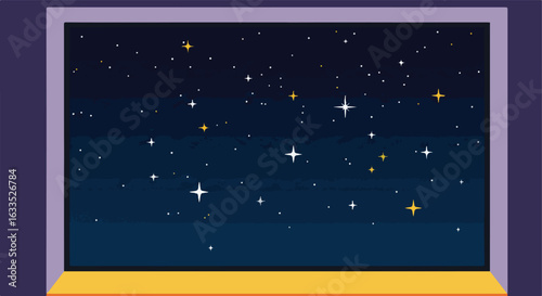 Night window view, filled with glittering stars in a dark blue sky