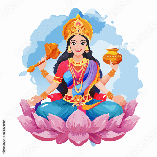 Mythological goddess illustration with lotus throne and radiant headdress, ideal for books, posters, and digital content focusing on spirituality, mythology, and symbolism
