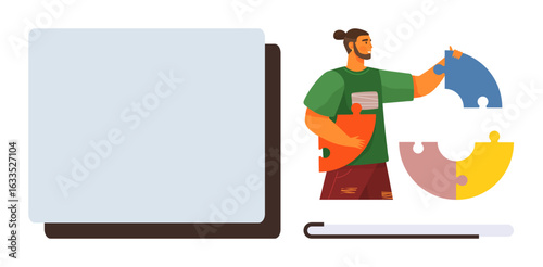 Man holding puzzle pieces while assembling a circular puzzle beside a blank screen. Ideal for problem-solving, teamwork, strategy, innovation, brainstorming, creativity, and education. Simple flat
