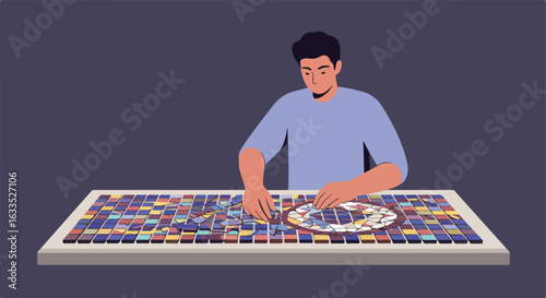 A man assembles a jigsaw puzzle