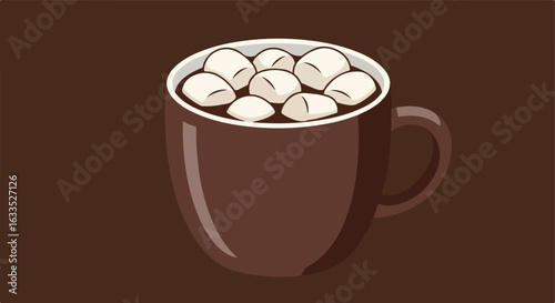 Chocolate beverage with marshmallows in a brown mug on a brown background