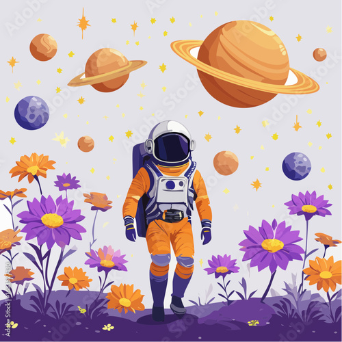 Futuristic astronaut character trekking a blooming extraterrestrial field under a candy-colored aurora, suitable for creative campaigns, kids’ learning apps, and space exploration themes
