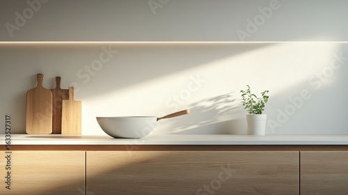 Modern kitchen countertop, sunlit, minimalist style