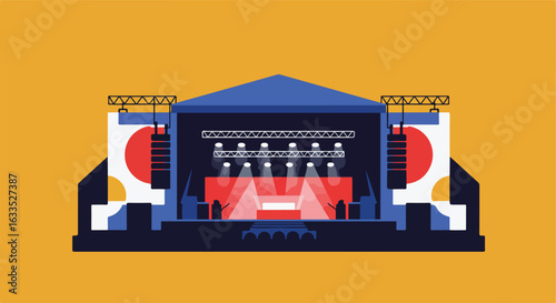 Concert stage on a yellow background with lights and abstract shapes