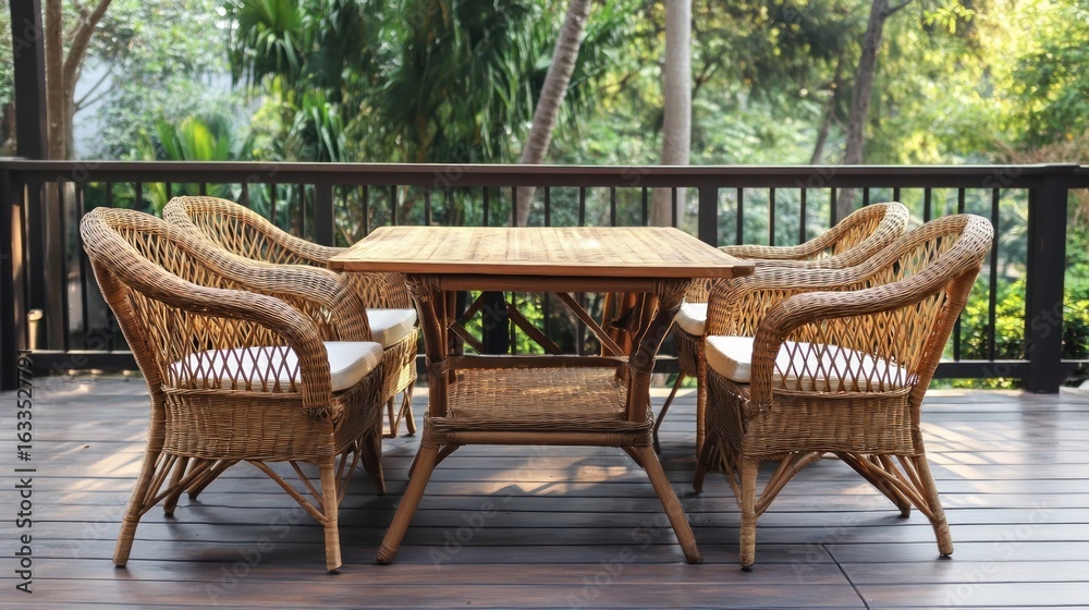Outdoor patio set with rattan chairs and wooden table Outdoor patio set with rattan chairs and wooden table