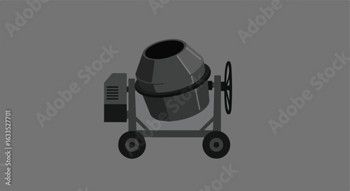 Gray concrete mixer on four wheels against gray background
