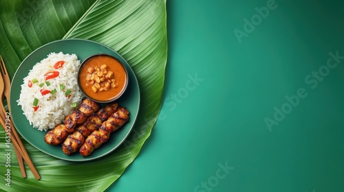Wallpaper Mural Grilled skewers with rice and curry sauce on a dark plate, surrounded by banana leaves, against a teal background Torontodigital.ca