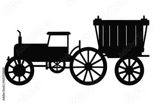 Vintage Tractor and Wagon Silhouette Black Farm Vehicle with OpenTop Cargo Trailer Illustration