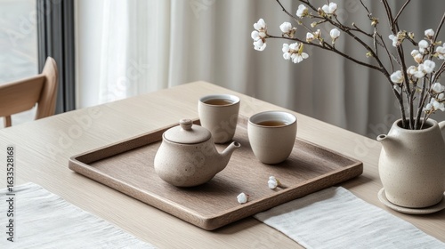 Light beige ceramic tea set on wooden tray, minimalist aesthetic