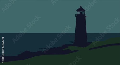 Silhouetted lighthouse at dusk overlooking the sea, with grassy shore