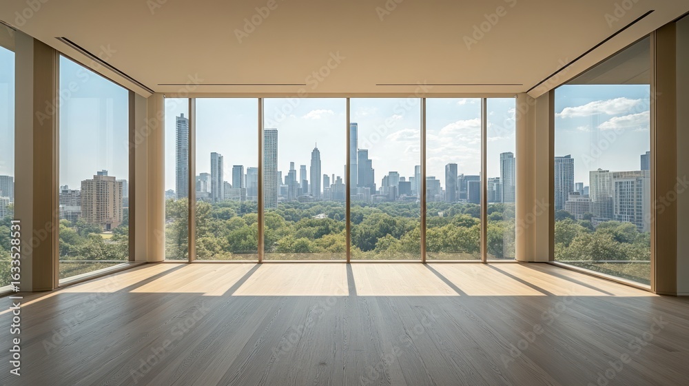 Fototapeta premium Empty room with panoramic city view