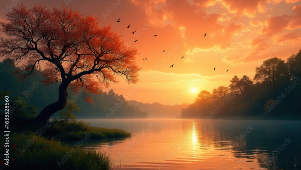 Fototapeta premium Golden Hour Serenity Tree Reflects in Tranquil Water Under a Sky Filled with Flying Birds