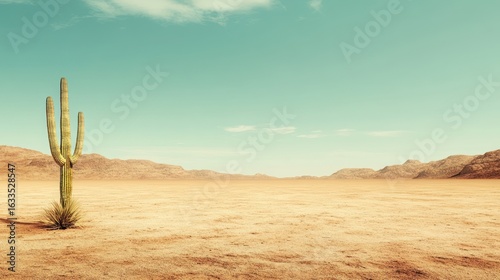 Desert landscape with a saguaro cactus.  Vast sandy expanse stretches under a pale sky.  Light teal-blue, almost pastel, hue.  Muted tones