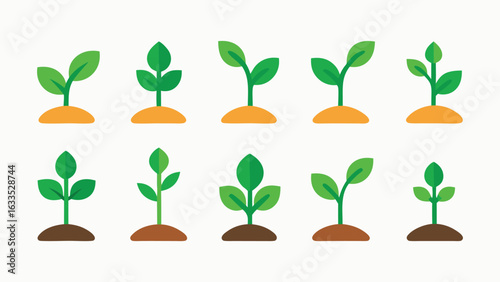 Vector art of collection of ten different green sprouts and seedlings growing from the soil, isolated on white background.