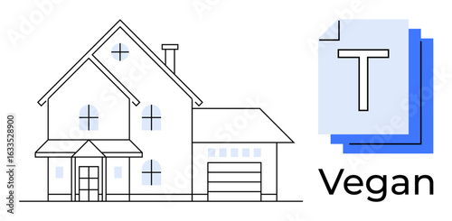 Contemporary house design with pitched roof, multiple windows, garage, and aligned documents labeled vegan. Ideal for sustainability, architecture, eco-living, minimalism, real estate ethical