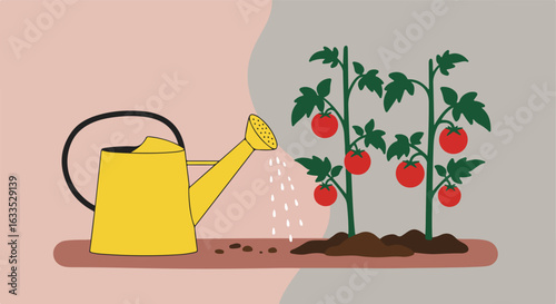 Tomato plants being watered by a yellow watering can with a black handle