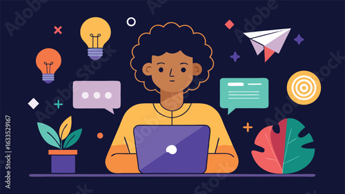 A woman is multitasking, using a laptop while holding a phone in her hand..eps