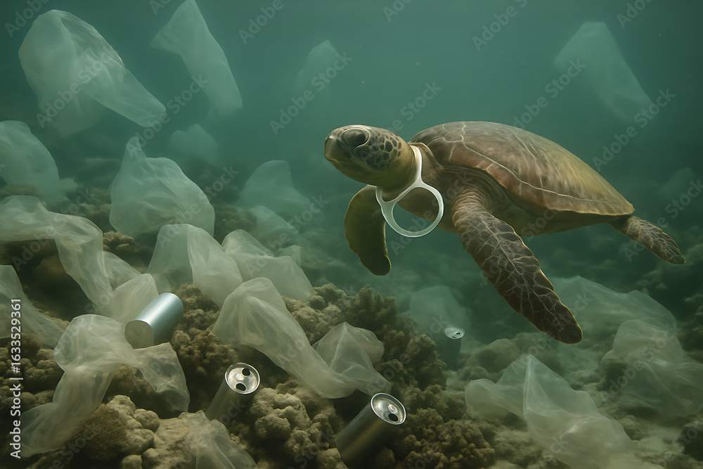 Obraz premium Sea Turtle Swimming in Polluted Ocean Water Filled with Plastic Debris