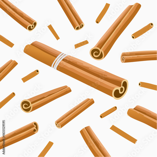 Close-up cinnamon sticks arranged playfully, ideal for food blogs, menu design, product packaging, and seasonal baking campaigns with rustic charm
