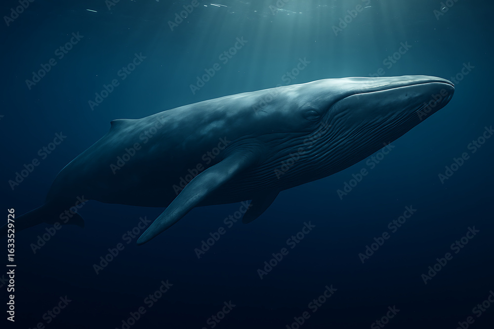 Fototapeta premium A Blue Whale Swimming in the Clear Blue Ocean with Sun RaysA Blue Whale Swimming in the Clear Blue Ocean with Sun Rays