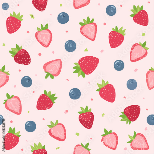 Fresh fruit motif repeating seamlessly with strawberries and blueberries for calendar art, wrapping paper, kids’ clothing, and cheerful branding campaigns