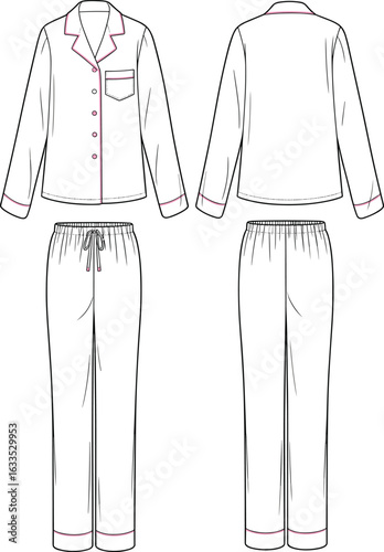 Pajama set technical sketch, front and back view, long sleeve shirt, elastic pants, button-up design, piping detail, fashion flat, sleepwear illustration, garment template.