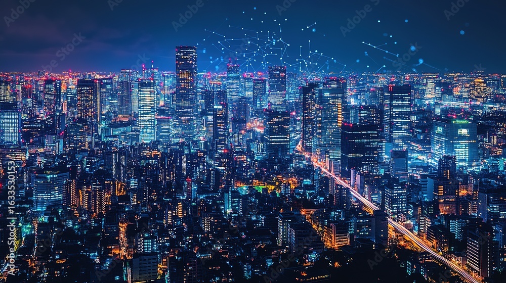 Obraz premium At night, the city skyline is illuminated by glowing data lines flowing between buildings, symbolizing digital connectivity and urban technology.