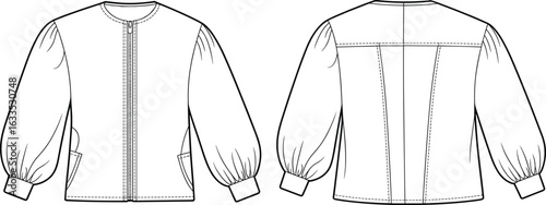 Jacket technical drawing, front and back view, fashion flat sketch, zipper closure, gathered cuffs, round neckline, garment design template, clothing blueprint, vector outline.