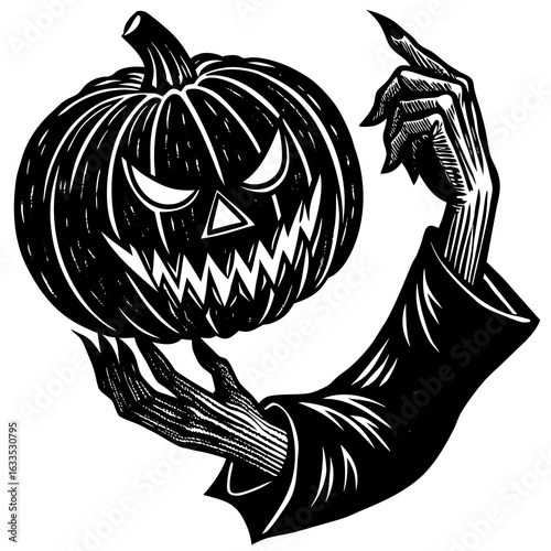 A creepy pumpkin held by spooky hands isolated on white background in silhouette
