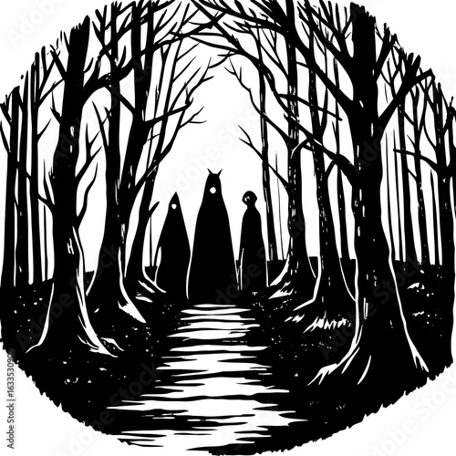 A dark forest with mysterious figures walking along a path illustration