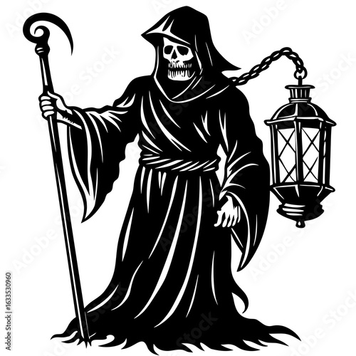 Grim reaper with scythe and lantern isolated on white background