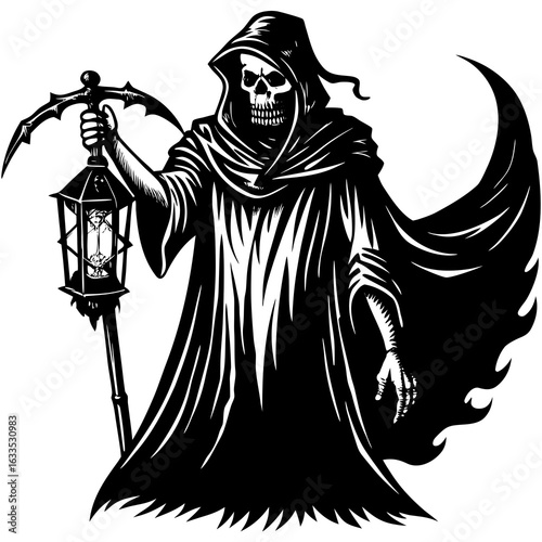 The grim reaper with a scythe and lantern isolated on white background