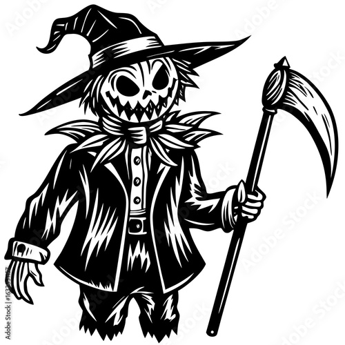 Scarecrow grim reaper with scythe illustration, isolated on white background