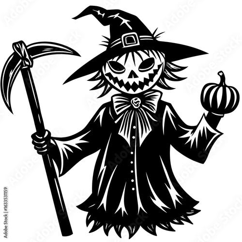 Scarecrow holding a scythe and pumpkin illustration, isolated on white background