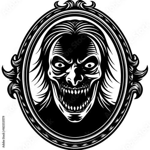 Monster face in an ornate mirror frame isolated on white background