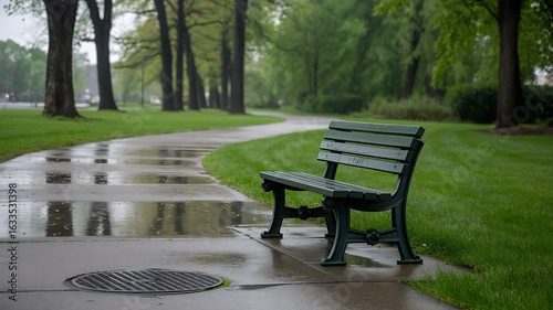 Fototapeta Naklejka Na Ścianę i Meble -  Serene park bench awaits on wet path, inviting reflection amidst tranquil green scenery